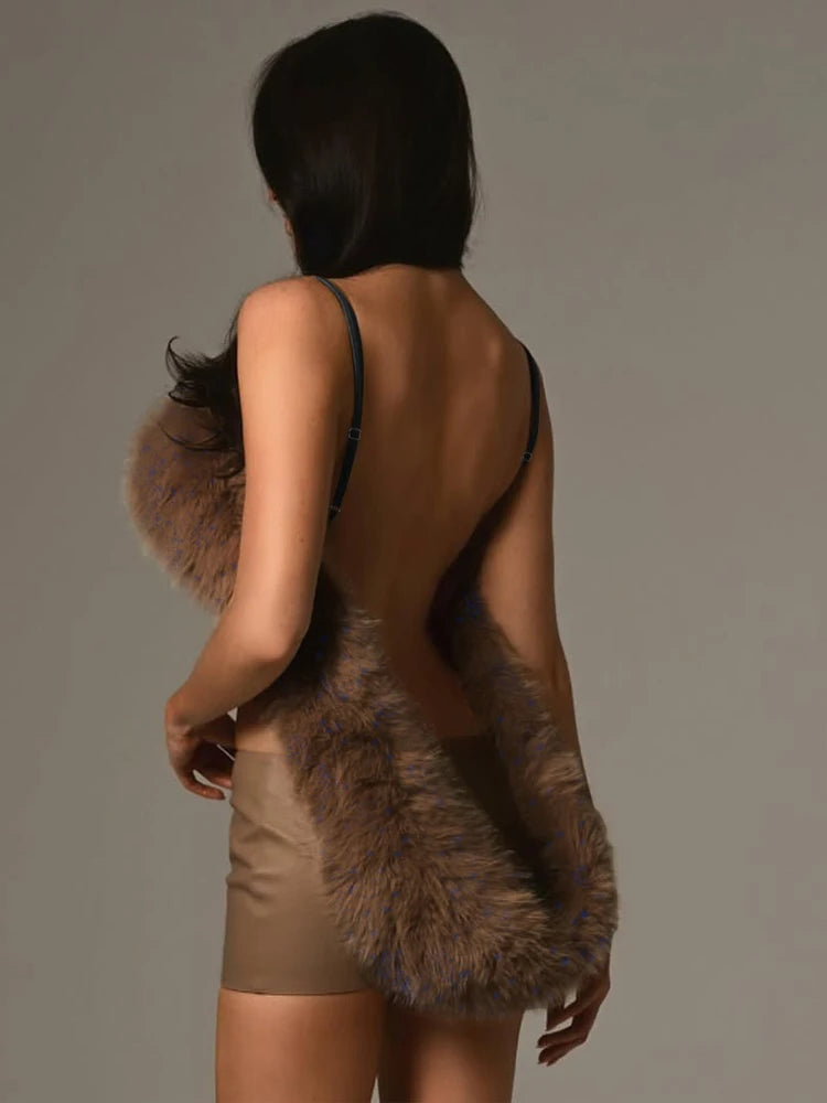 Hipster Sexy 2-Piece Set Women Fur Backless Camisole+Zip Peach Hip Pu Skirt Matching Skinny Clubwear Luxury Wild Outfits