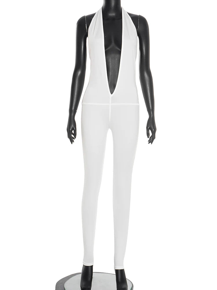 Backless Sexy Jumpsuit Women Sleeveless Deep V-Neck Summer Trend Midnight Club Workout Activity Fitness Thin Overalls