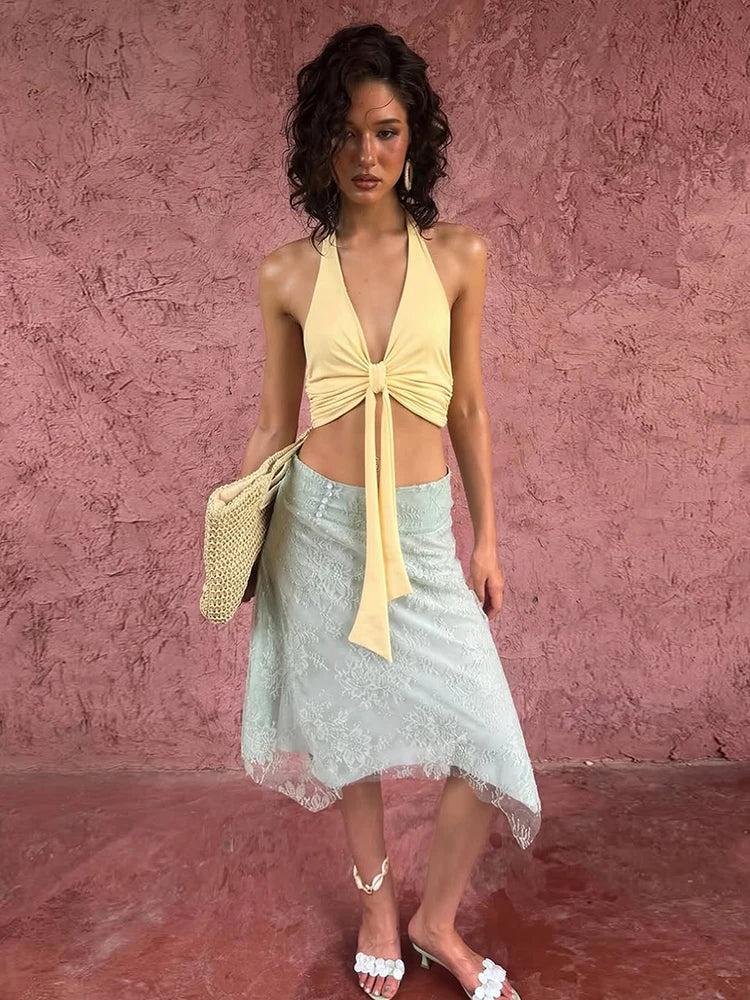 Hater Backless Bandages Ruched Crop Tank Top+Jacquard Patchwork Skirt Hottie Sexy 2 Piece Set Women Fashion Streetwear