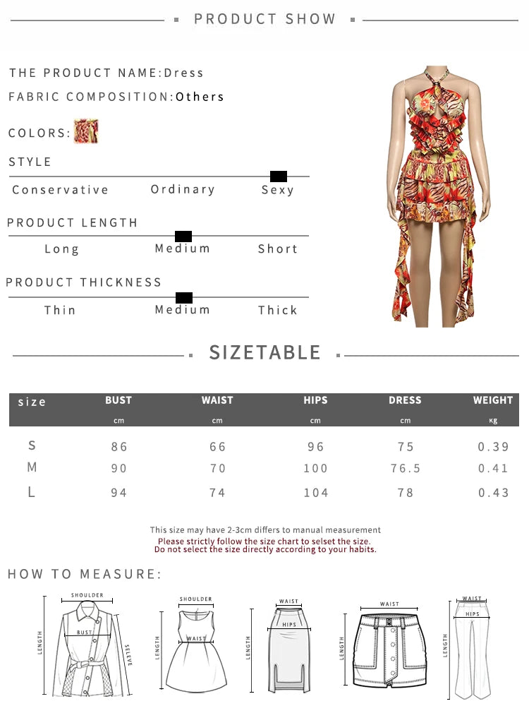 Hollow Tierred Dress Women Cross Halter Colorful Print Irregular Tassel Metal Rings Backless Summer Vacation Bodycon