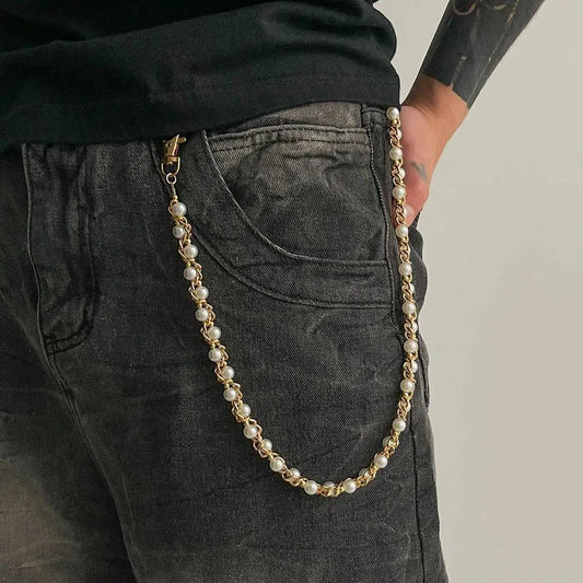 Punk Imitation Pearl Trousers Hipster Pant Jean Keychain Ring Clip for Men Tassel Bag Handbag Chain Women Jewelry Gift