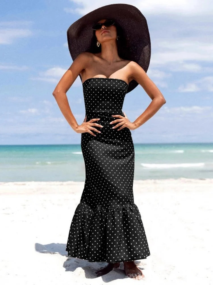 Polka Dot Print White Strapless Mermaid Dresses Elegant Occasion Dresses Woman Evening Party Wear