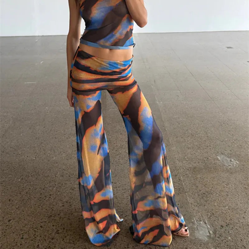 Rave Outfit for Women Mesh Sheer Flare Leg Bottom Pants Y2k Fold Waist See Through Festival Dance Clubwear