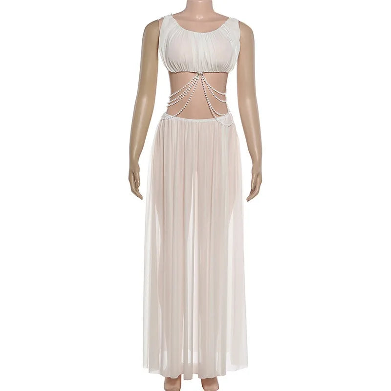 See Through Mesh White 2 Piece Set Crop Top and High Slit Maxi Skirt Sexy Birthday Outfit Woman Matching Sets
