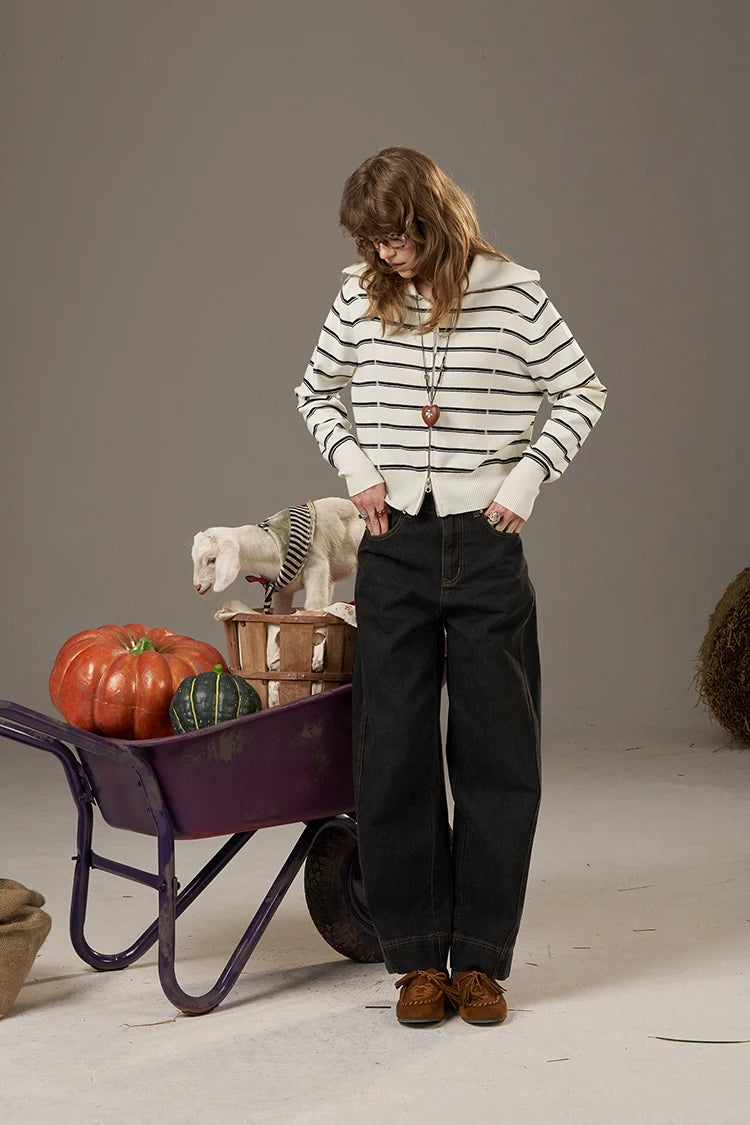 2025 Autumn New Arrivals Casual Classic Soft Navy Collar Silver Zipper Striped Knitted Cardigan For Woman