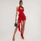 Red Short Party Dresses Women Sexy Night Club Outfits 3d Floral Appliques Cut Out Backless Halter Dress