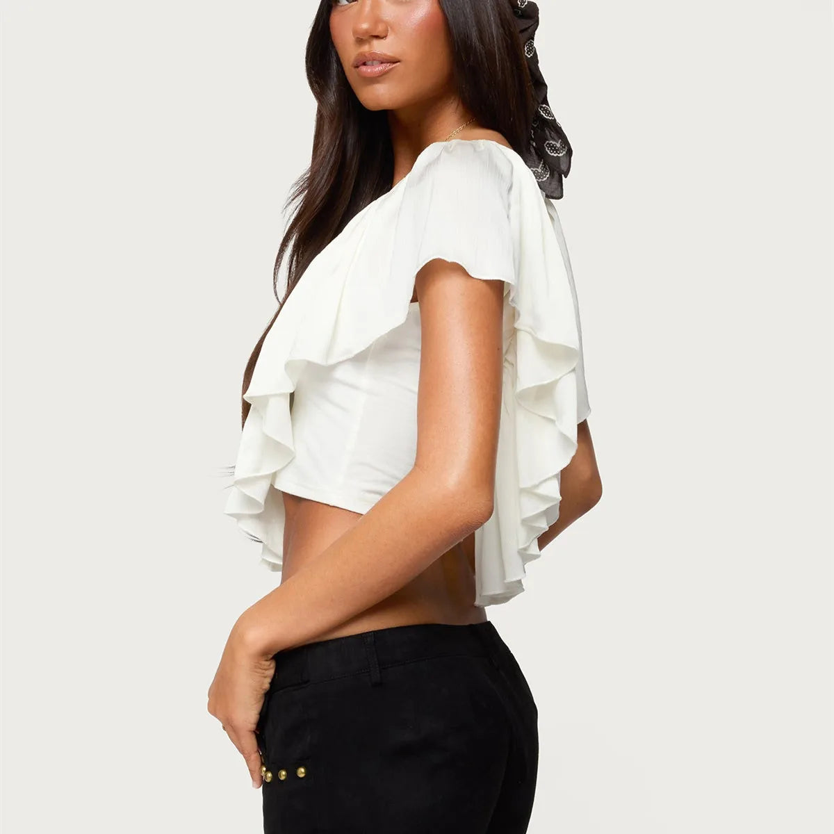 Fashion Women's Ruffled Crop Tops Fashionable Solid Color Lace Trim Tie Back V Neck Blouse Tank Top Summer Streetwear