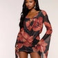 Mesh Patchwork Mini Dress Woman Floral Print Swing Collar Lace-Up Backless Full Sleeve High Street Elegant Bodycon