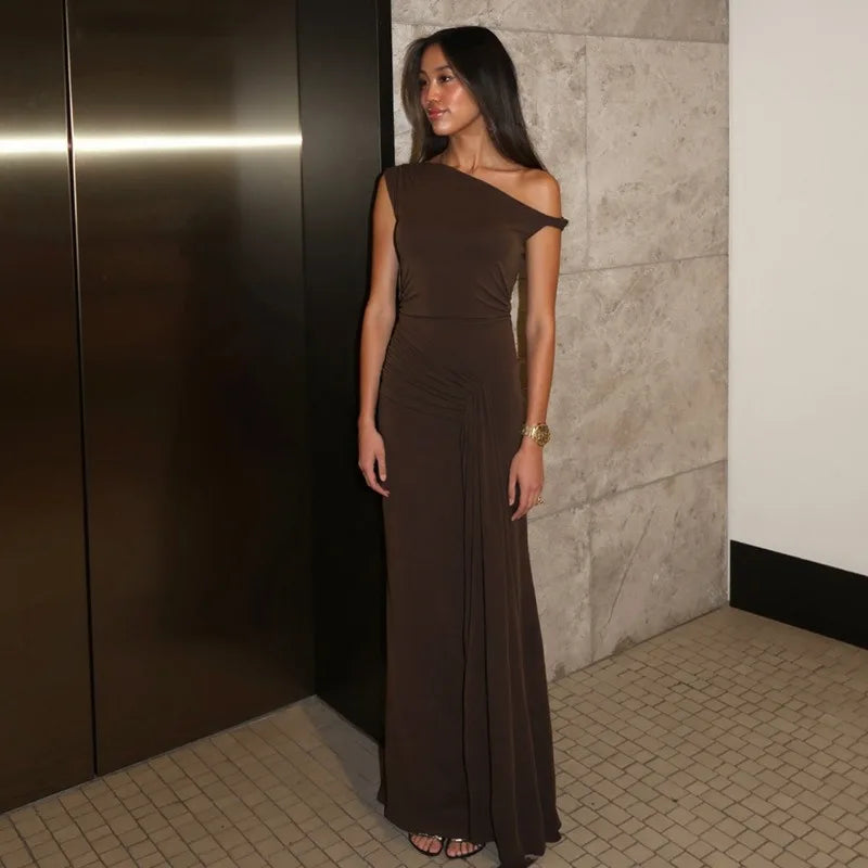 Twisted One Shoulder Sleeveless Maxi Dresses for Elegant Woman Brown Sexy Party Outfits