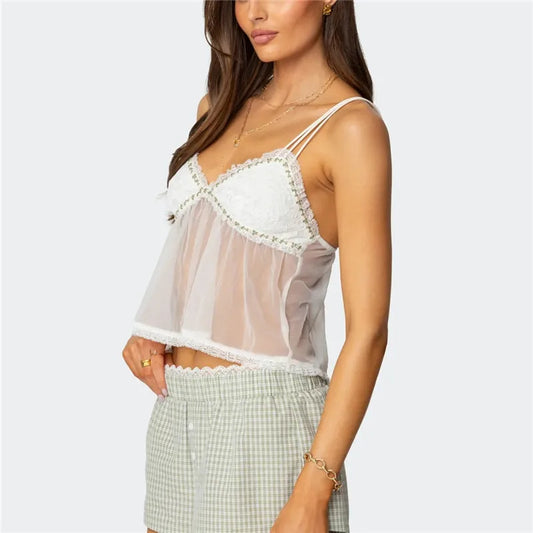 Women's Summer Babydoll Crop Tops Sexy Ladies Sleeveless Spaghetti Strap Sheer Camisole Cami Tank Tops Party Clubwear
