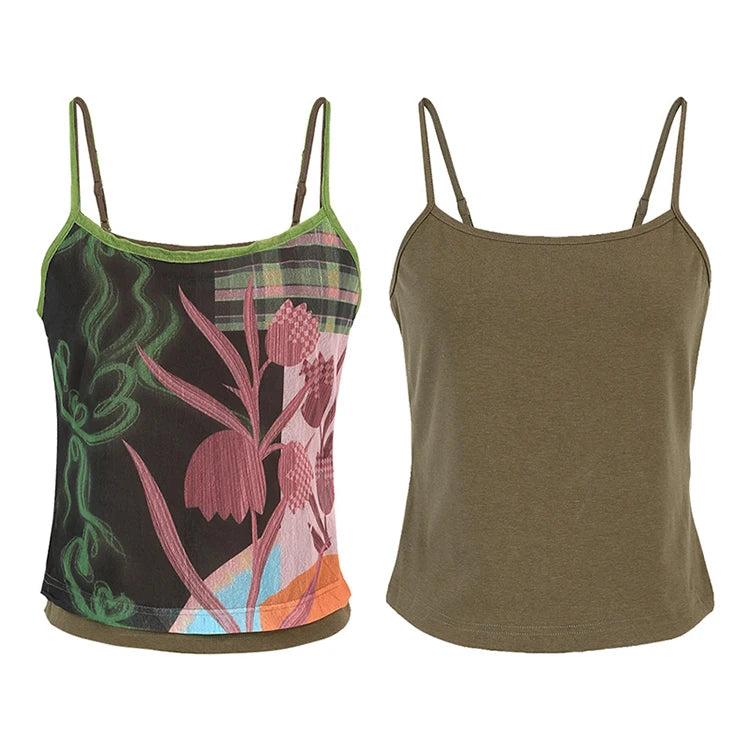 Women's Cropped Cami Top with Patchwork Tropical Leaf Print, Contrast Trim Slim Fit Spaghetti Strap Vest for Summer