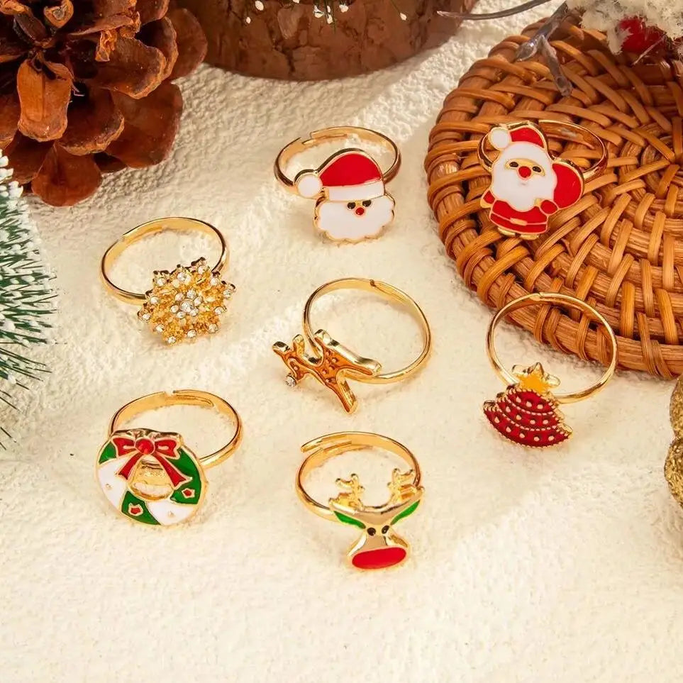 Christmas Deer Trendy Snowflake Tree Open Rings Set Adjustable Retro Creative Knuckle Ring Jewelry for Women