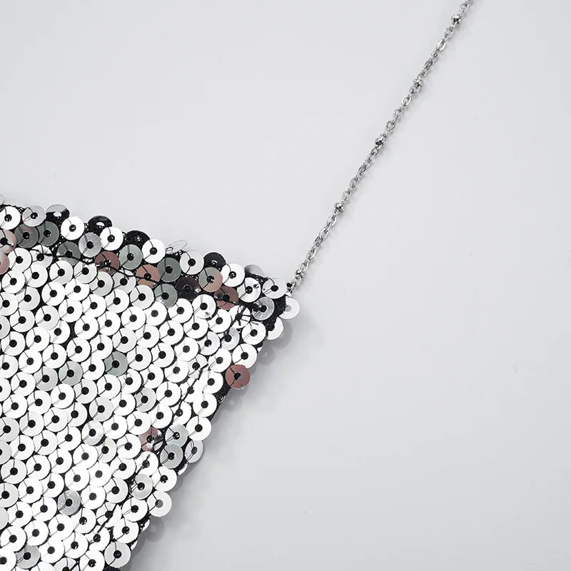 Sparkling Silver Sequin Tops Sexy Summer Night Club Rave Wear Tanks & Camis Chain Backless Halter Crop Top