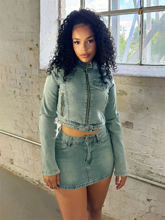 Denim Embroidery 2 Piece Set Women Trend Waistless Zipper Long Sleeve Button Neck+Stretch Number Logo Mini skirt Suit