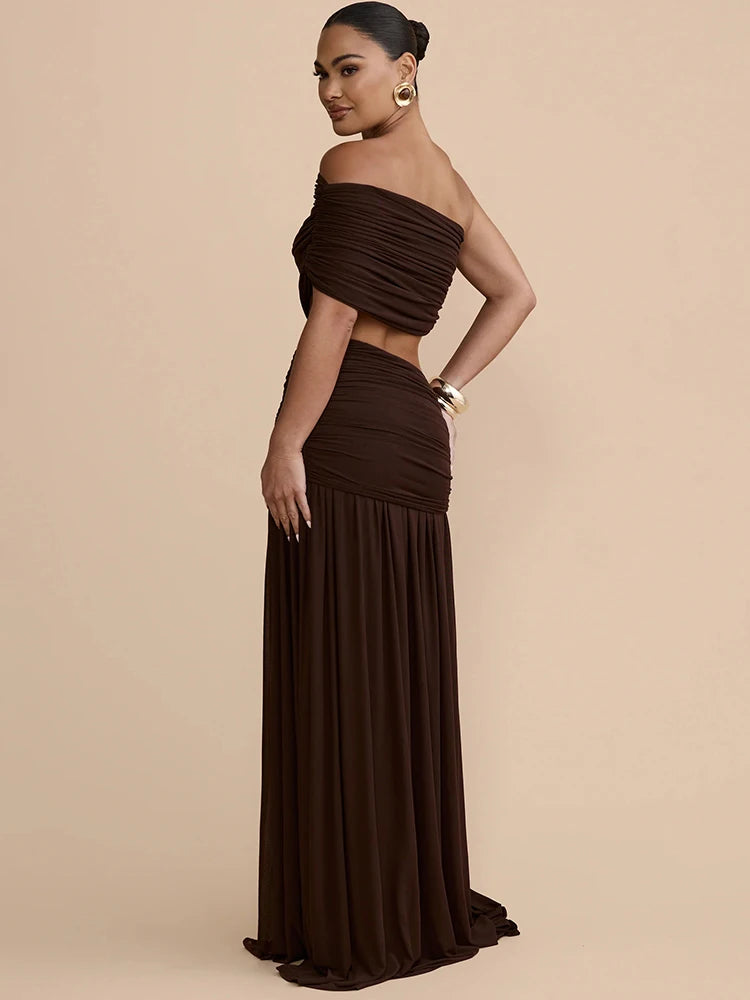 Women 2 Piece Set Elegant Strapless Crop Top And High Waist Split Maxi Skirt Sets Female Ruched Beach Club Party Sets
