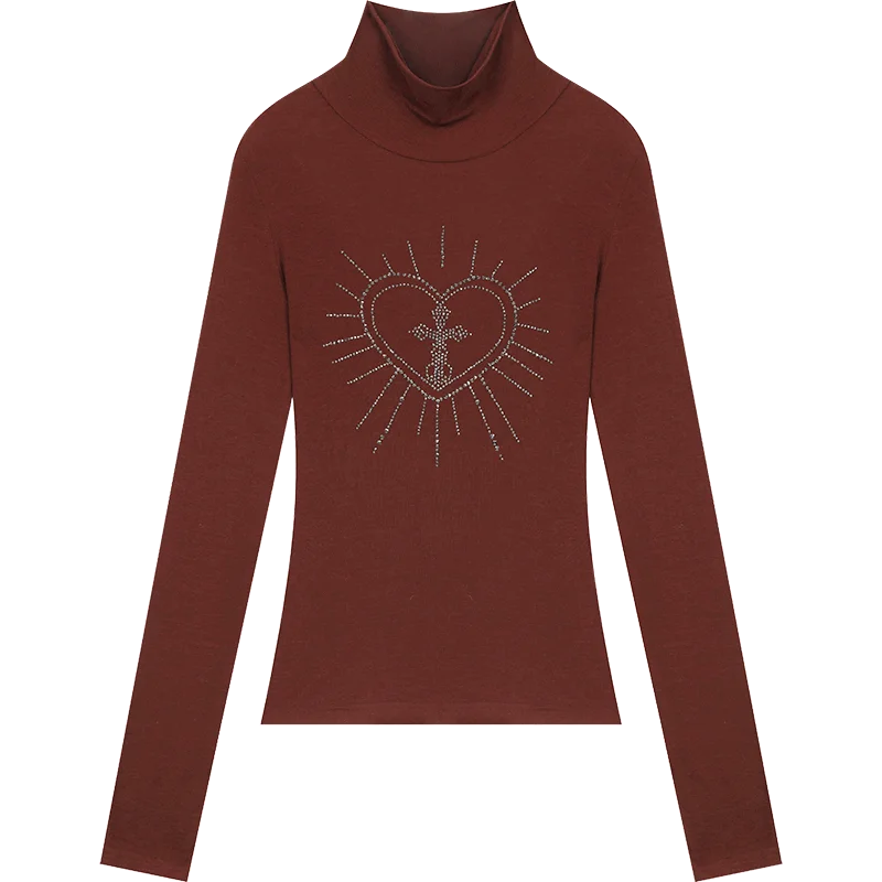 2025 Winter New Arrivals Y2K Slimming Heart Graphic High Neck Asymmetric Hem Long Sleeves Tshirt For Women