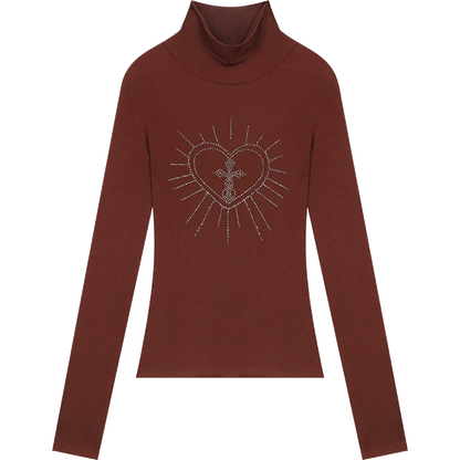 2025 Winter New Arrivals Y2K Slimming Heart Graphic High Neck Asymmetric Hem Long Sleeves Tshirt For Women