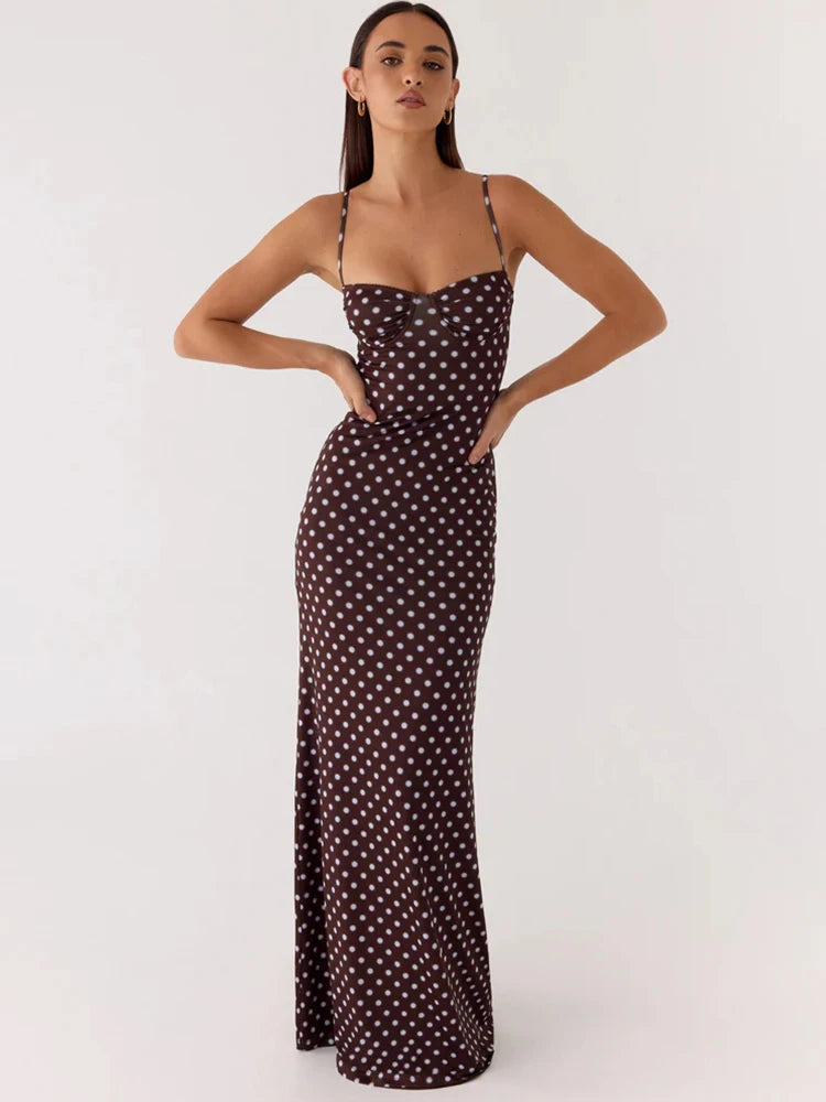 Polka Dot Backless Sexy Maxi Dress Women Elegant Fashion Spaghetti Strap Sleeveless Bodycon Club Party Long Dress