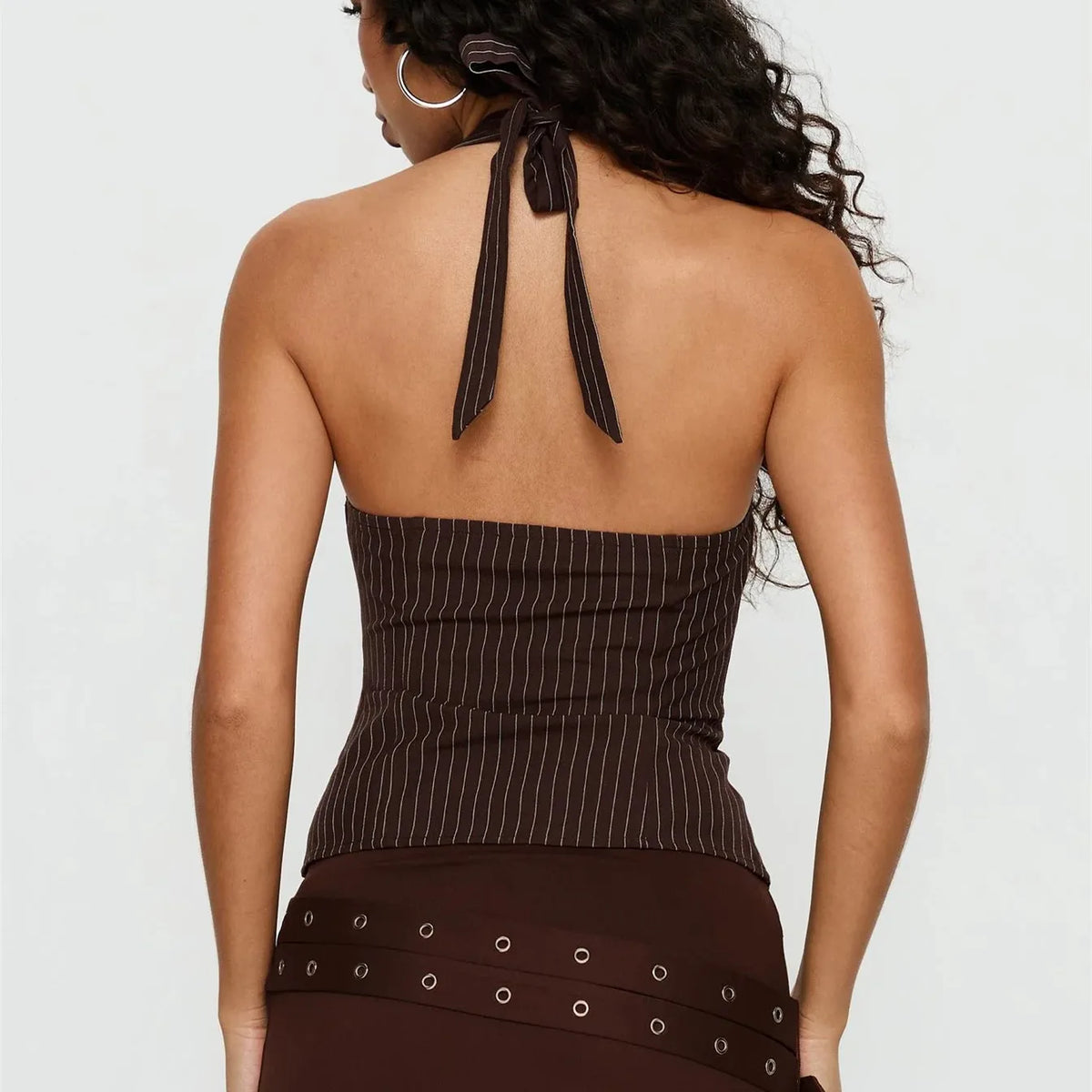 Retro Pinstripe Halter Neck Crop Top Women Deep V Tie Front Button Down Sleeveless Slim Fit Y2K Tank Vest Streetwear