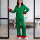 Women Satin Feather Trim Pajama Set Lapel Button Front Long Sleeve Shirt + Long Pants Christmas Loungewear Sleepwear Set