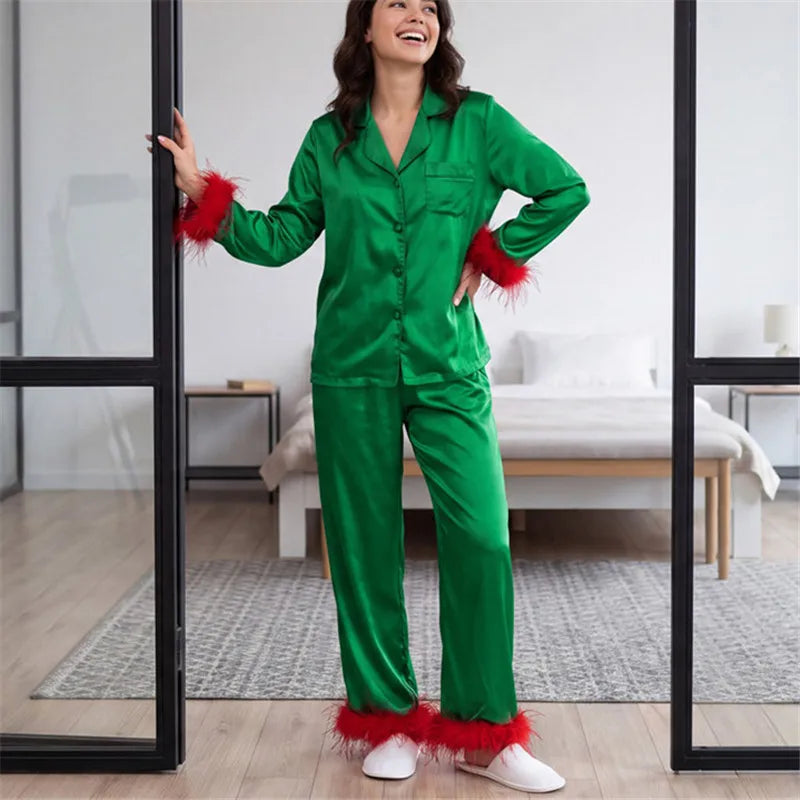 Women Satin Feather Trim Pajama Set Lapel Button Front Long Sleeve Shirt + Long Pants Christmas Loungewear Sleepwear Set