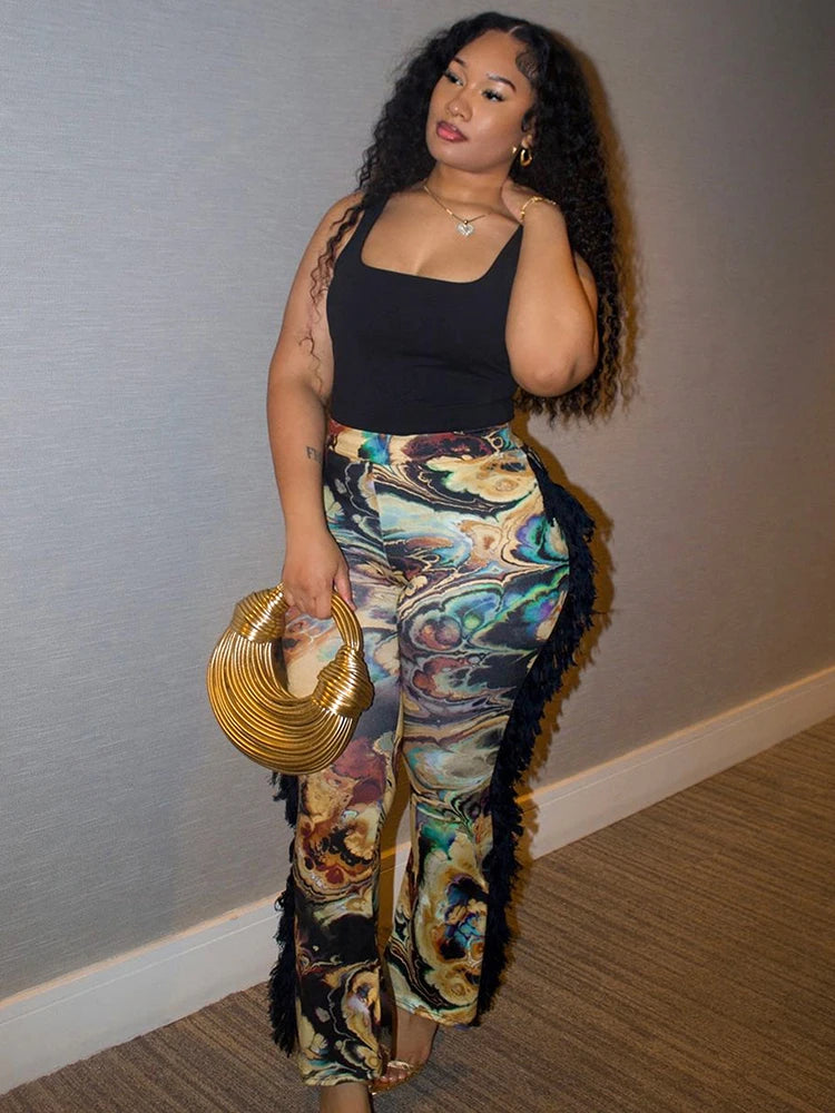 Side Tassel Flare Pants Women Patchwork Autumn Trend Colorful Print Sexy Wild Slim Street Skinny Clubwear Trousers