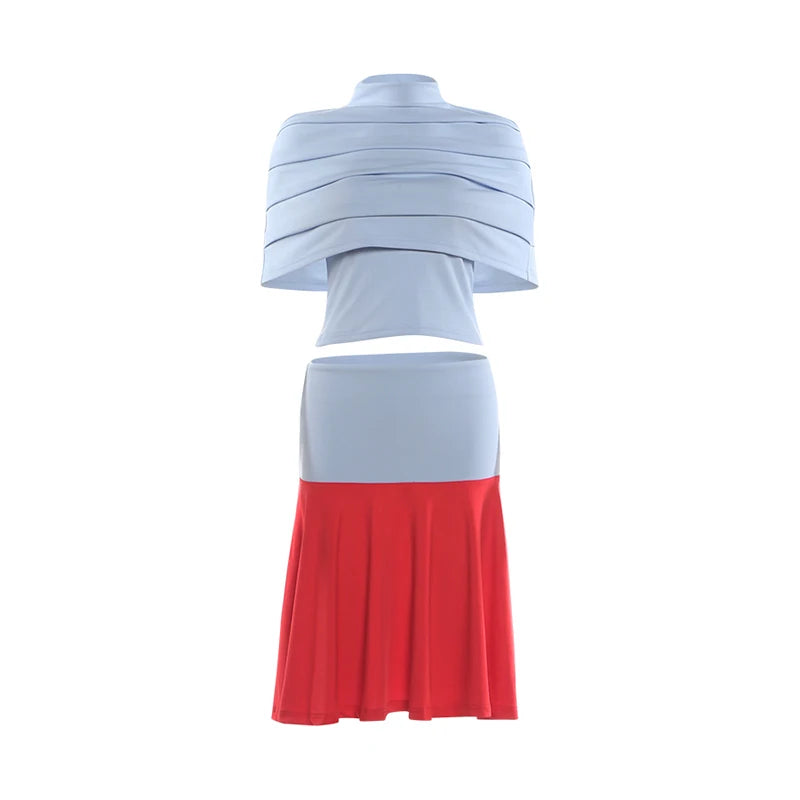Fashion Summer 3-Piece Set Women Turtleneck Folds Shawl+Simple Solid Tank Tops+Patchwork Color Blocking Skirt Outfit