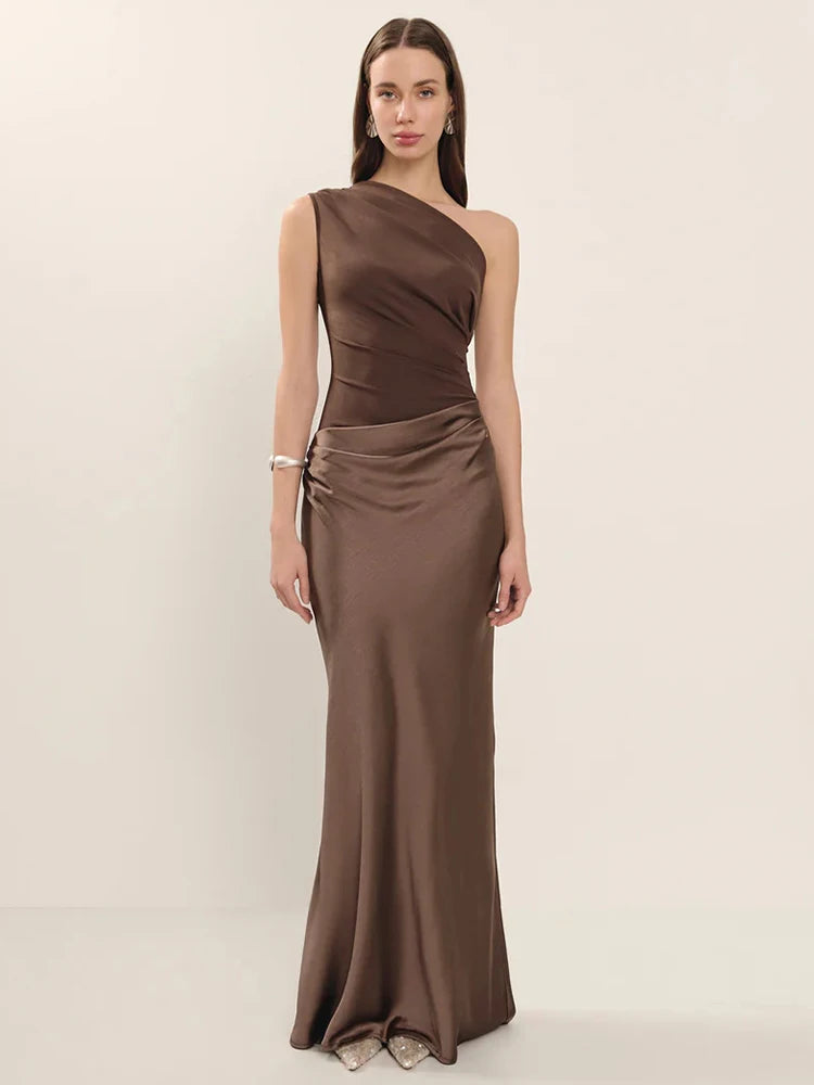 Satin Inclined Shoulder Sexy Maxi Dress Women Fashion Patchwork Sleeveless Backless Bodycon Evening Club Party Dress