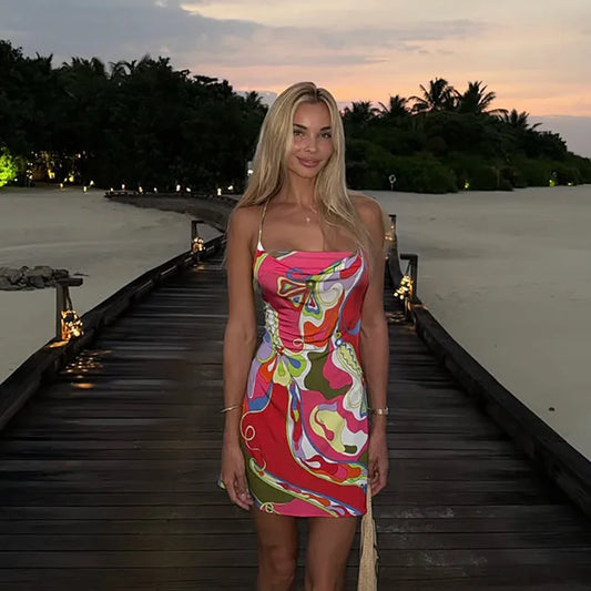 Colorful Print Sexy Dresses for Women Clothing Spaghetti Strap Backless Mini Dress Night Club Outfits