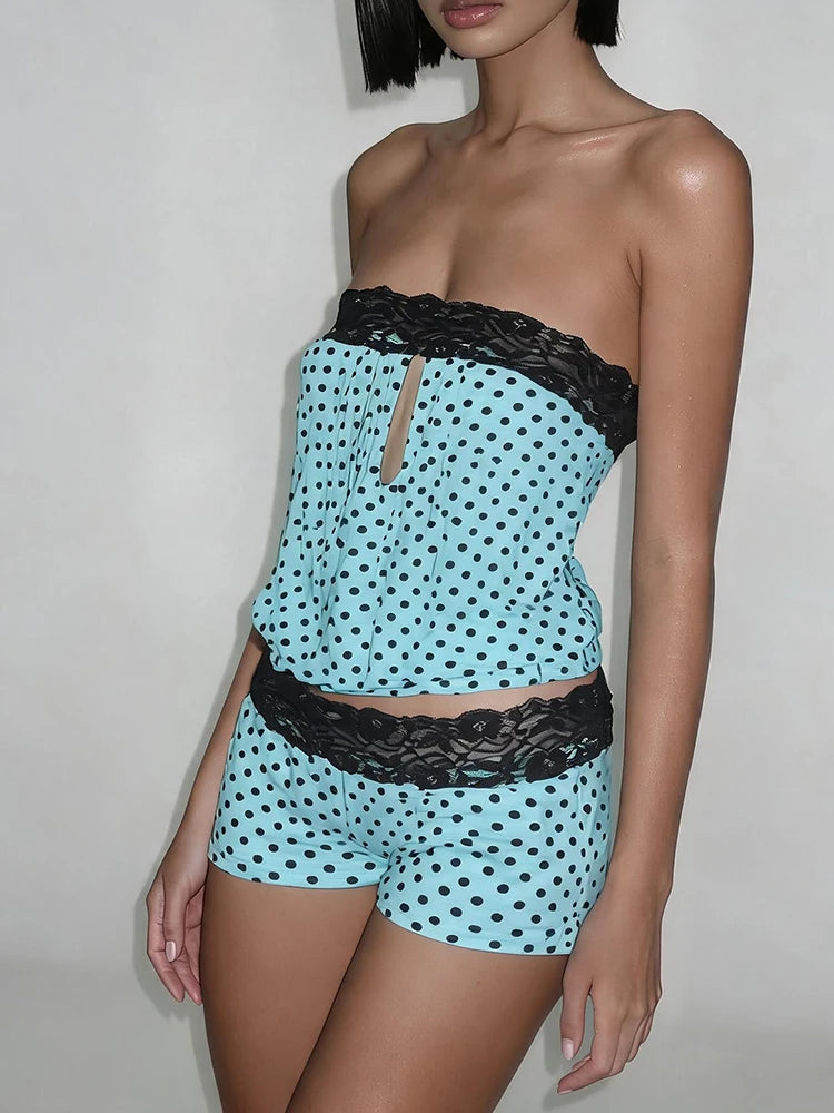 Polka Dot Print 2-Piece Set Women Patchwork Lace Hollow Tank Top+Simple Classic Short Elasticity Sexy Hottie Suit