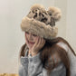 Women's Leopard Print Bear Ears Plush Hat Thick Warm Winter Cap Fashionable Earflap Bucket Hat for Ladies