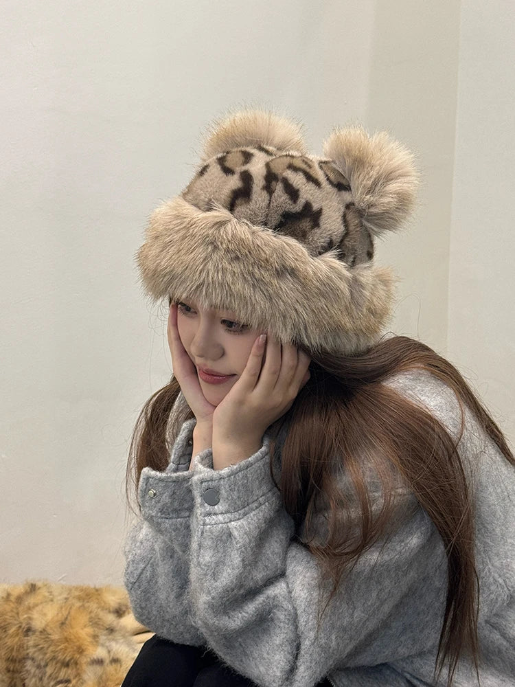 Women's Leopard Print Bear Ears Plush Hat Thick Warm Winter Cap Fashionable Earflap Bucket Hat for Ladies