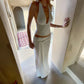 Two Piece Set Deep V-neck Halter Top and Ruched Maxi Skirt Sexy Summer All White Party Outfits for Woman