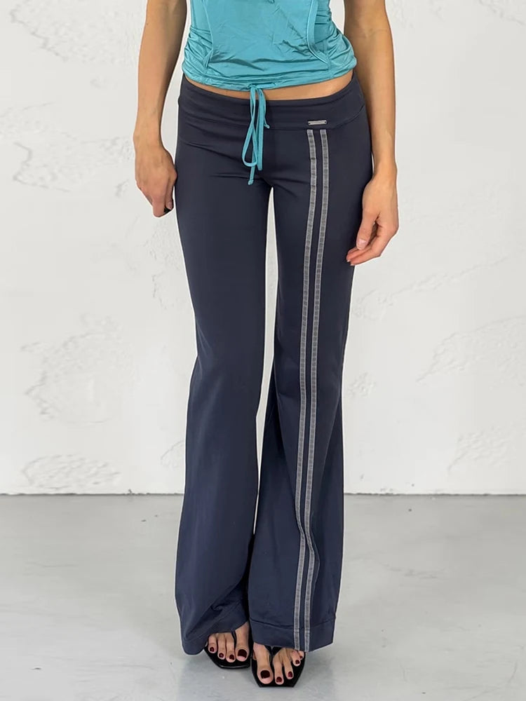 Autumn New Trend Stripes Pant Women Metal Decoration Elastic Waist Skinny Leisure Comfortable Daily Classic Streetwear