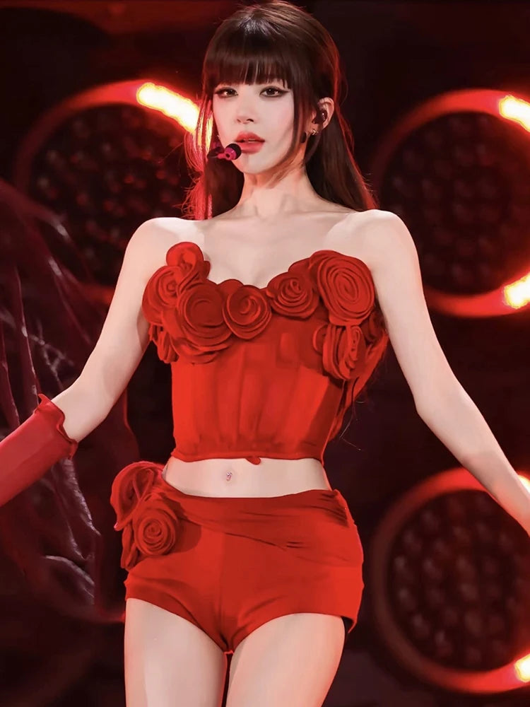 3D Rose Applique 2 Piece Set Women Sexy Simple Tank Top+Ruched Bike Short Trend Hottie Music Festival Party Suits