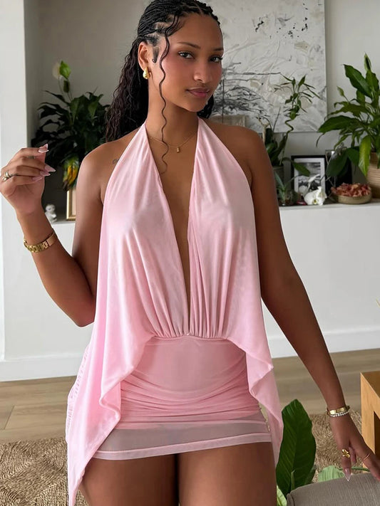 Backless Dress Women Irregular Halter Sexy Deep V-Neck Ruched Elegant Midnight Party Peach Hip 2026 Summer Bodycon