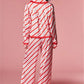 Holiday Xmas Stripe Satin Pyjama Set Ruffle Edge Collar Long Sleeve Cropped Shirt Drawstring Pant Festive Sleep Outfit