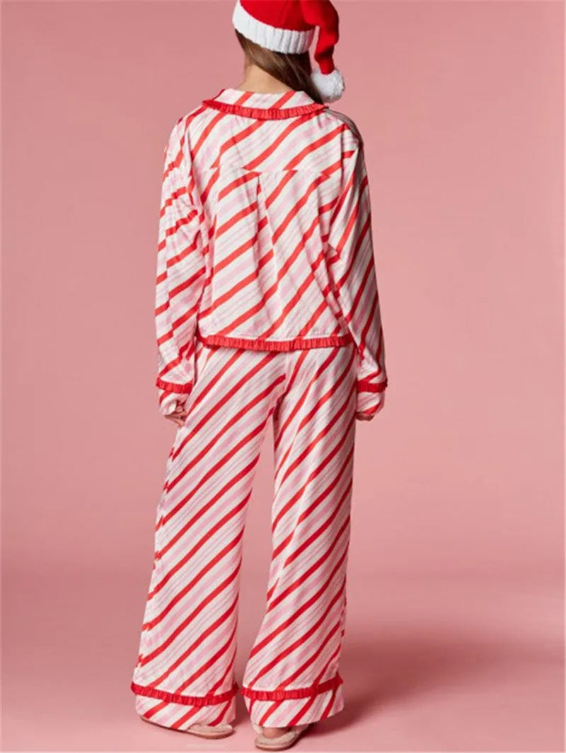 Holiday Xmas Stripe Satin Pyjama Set Ruffle Edge Collar Long Sleeve Cropped Shirt Drawstring Pant Festive Sleep Outfit
