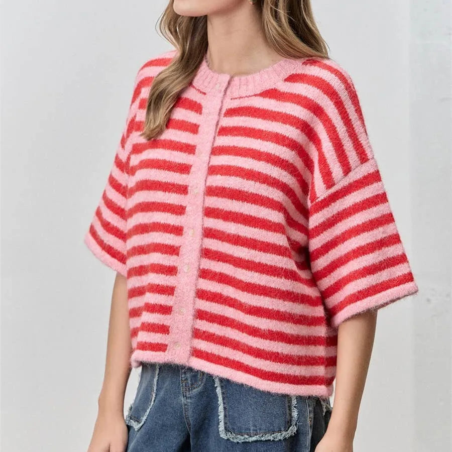 Women Contrast Stripe Plush Mohair Knit Cardigan Round Neck Button Front Half Sleeve Loose Fit Cropped Knit Jacket Fall