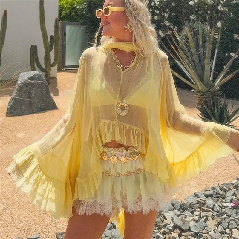 Women's Sheer Chiffon Ruffle Blouse Boho Flowy Kimono Sleeve Tie Neck Cover Up Top for Music Festival Beach Vacation
