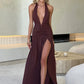 Halter Deep V Neck Backless Maxi Dress For Women Fashion Solid Sleeveless Thigh High Split Sexy Long Dress Elegant