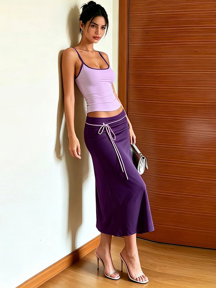 Ribbon Decoration Long Skirt+Low-Neck Backless Shape Waist Camisole 2 Piece Set Woman Summer Classic Elegant Style Suits