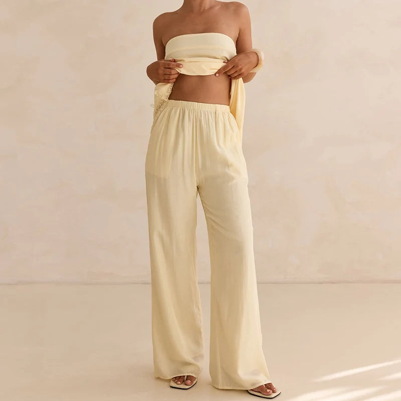 Lace Trim Strapless Bandeau Top+High Waist Wide Leg Pants Two Piece Set Elegant Casual Outfit For Women Y2K Streetwear