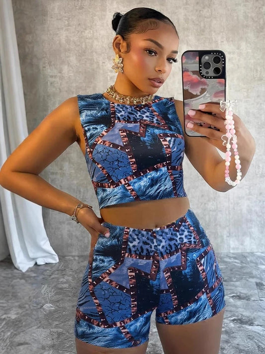 Colorful Print 2 Piece Set Women Casual O-Neck Tank Tops+Skinny Shorts Matching Hottie Sexy Sporty Activity Tracksuit