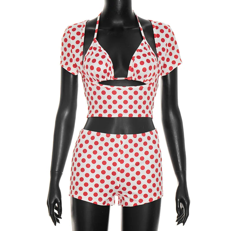 Women Polka Dot 3Piece Outfit Halter Bikini Crop Top Short Sleeve Cover Up+Shorts Sexy Club Party Night Out Matching Set