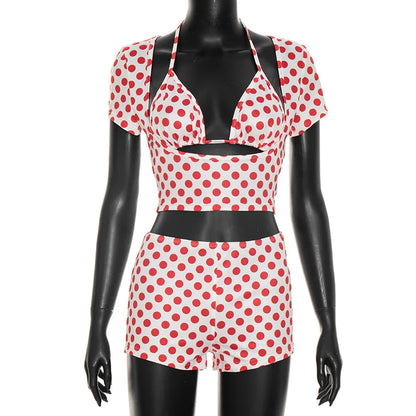 Women Polka Dot 3Piece Outfit Halter Bikini Crop Top Short Sleeve Cover Up+Shorts Sexy Club Party Night Out Matching Set