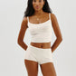 Women 2 Piece Cotton Lounge Set Long Sleeve/Spaghetti Strap Ribbed Knit Crop Top Bodycon Shorts Solid Pajama Sleepwear