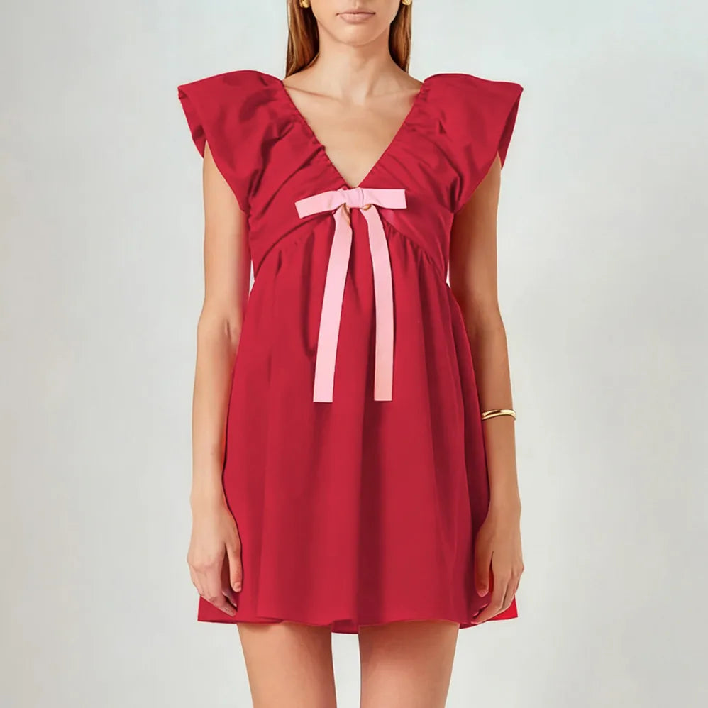 Women's Mini Dress Casual A Line Stylish Decorative Bow V Neck Flying Sleeve Dress for Spring Summer Sweet Girl Sundress