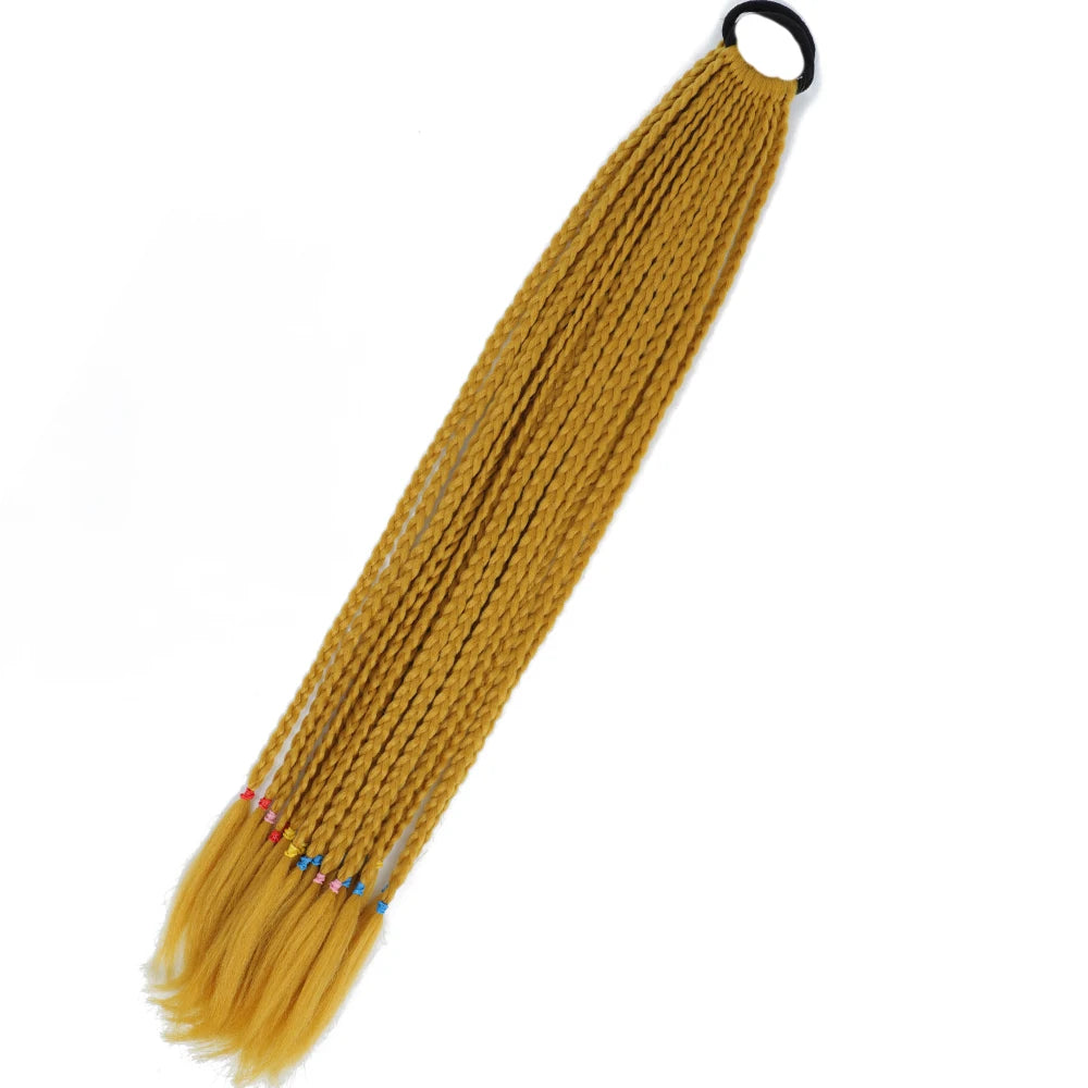 Synthetic 24inch Girls Colored Box Braided Ponytail With Elastic Rubber Band Hair Extensions Rainbow Color Box Pigtail Hairpiece