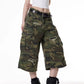 Y2K Hip Hop Camo Cargo Capri Shorts Women Distressed Ripped Multi Side Pocket Baggy Wide Leg Camouflage Streetwear